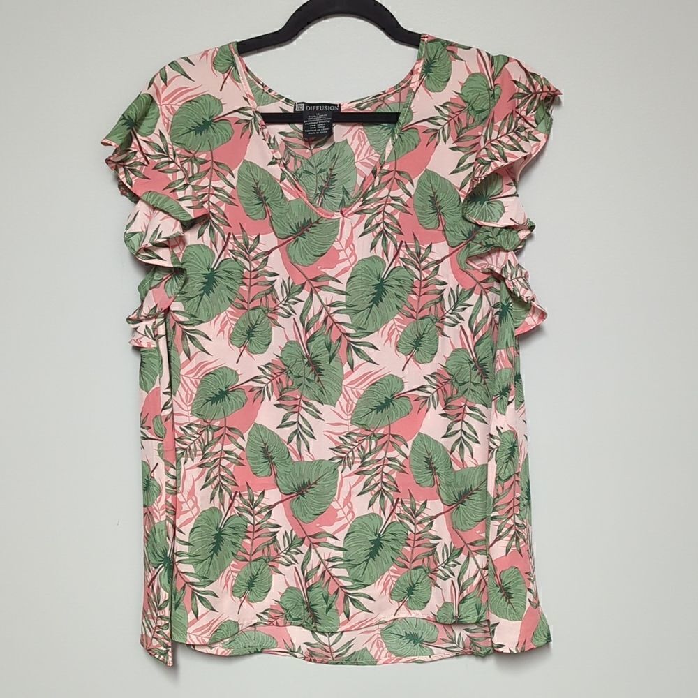 IB Diffusion Pink Tropical V Neck Flutter Sleeve